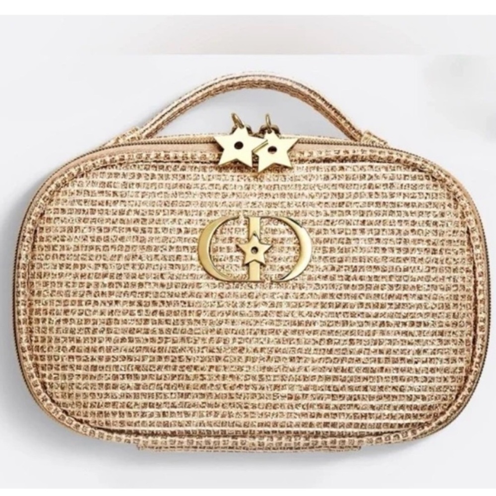 Dior 2025 Limited Holiday Edition cosmetic pouch in a gold, sparkly material.